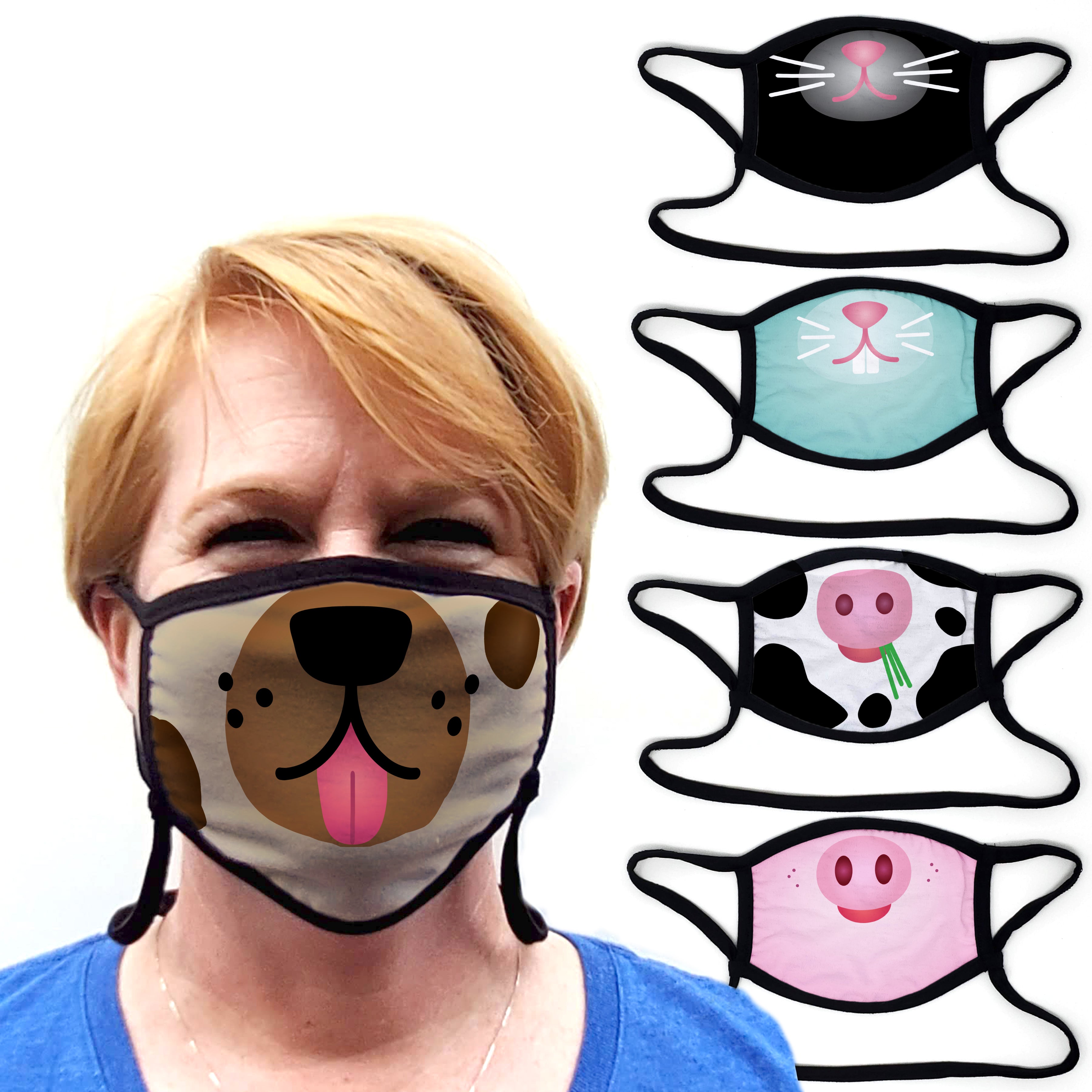 Buttonsmith Cartoon Domestic Animal - Set of 5 Adult Adjustable Face Mask with Filter Pocket - retailer Made in the USA