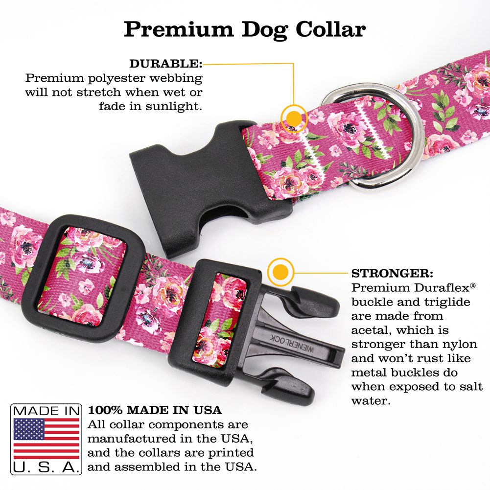 Peonies Pink Dog Collar - Made in USA