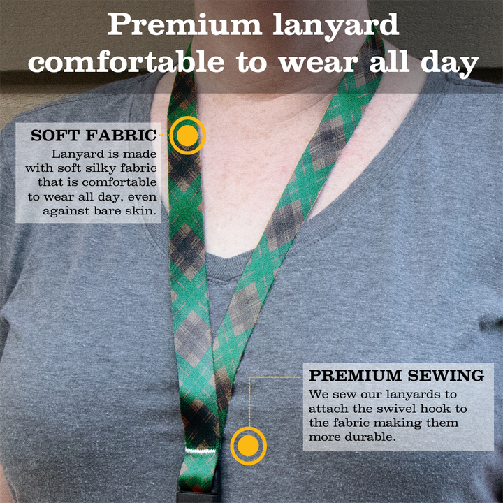 Tyneside Green Plaid Breakaway Lanyard - with Buckle and Flat Ring - Made in the USA