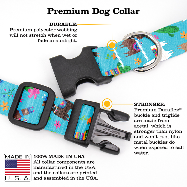 Llama Rama Blue Dog Collar - Made in USA