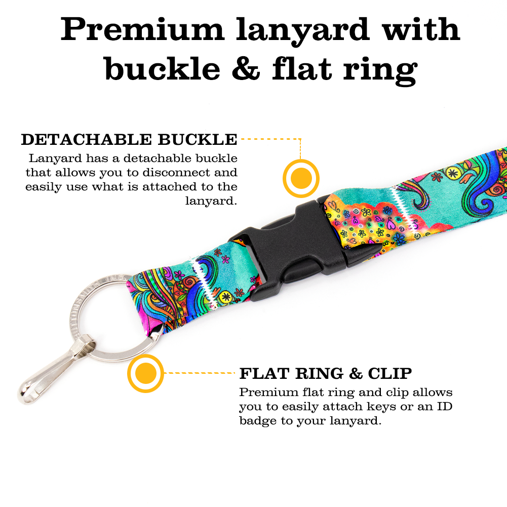 Watercolor Doodles Premium Lanyard - with Buckle and Flat Ring - Made in the USA