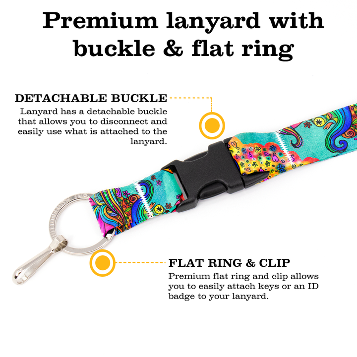 Watercolor Doodles Premium Lanyard - with Buckle and Flat Ring - Made in the USA