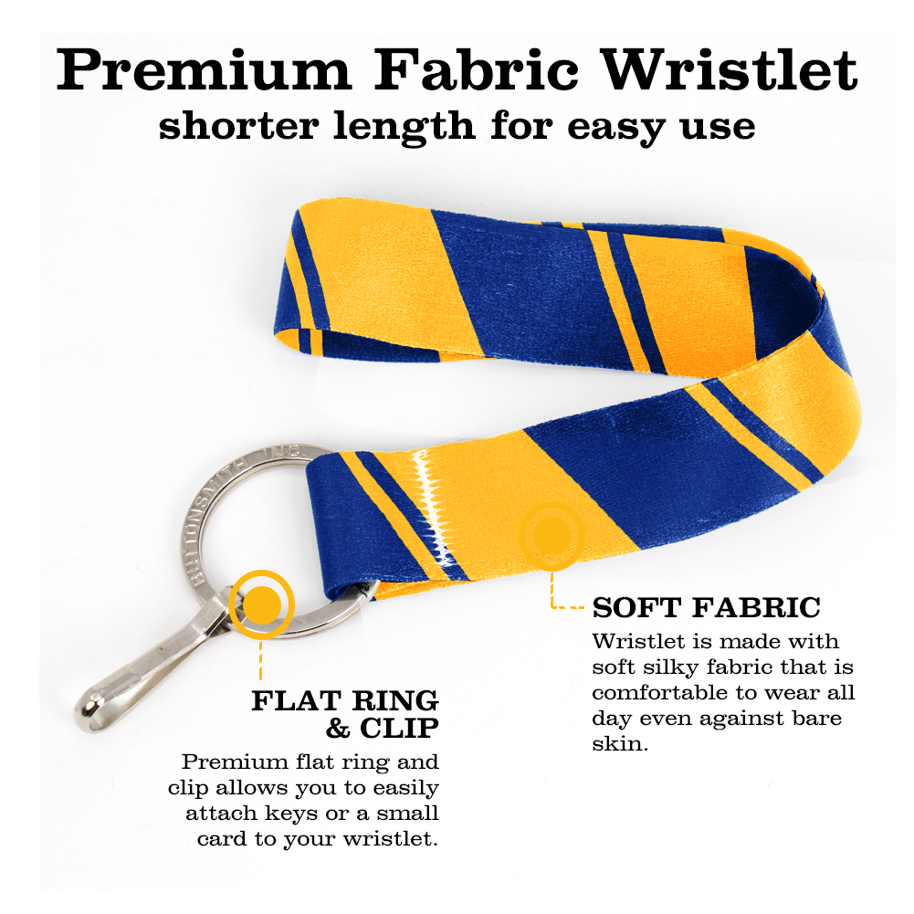 Blue Yellow Stripes Wristlet Lanyard - Short Length with Flat Key Ring and Clip - Made in the USA