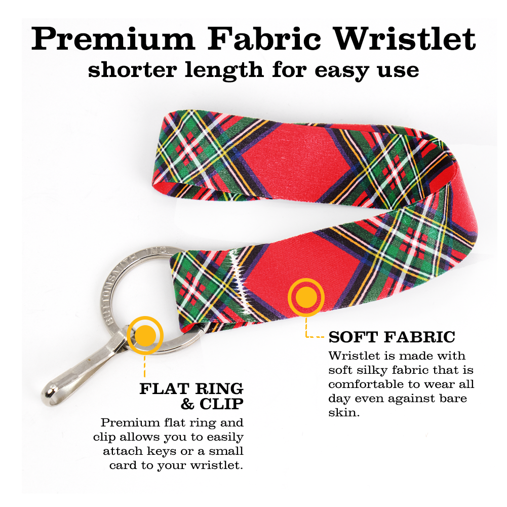 Royal Stewart Plaid Wristlet Lanyard - Short Length with Flat Key Ring and Clip - Made in the USA