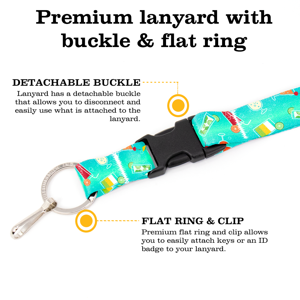 Cocktails Premium Lanyard - with Buckle and Flat Ring - Made in the USA