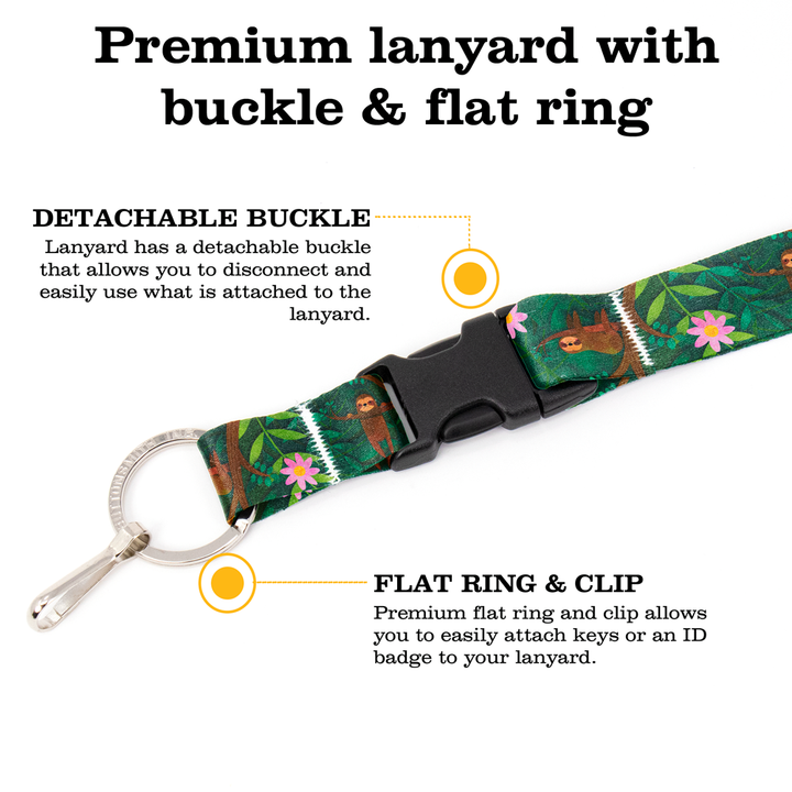 Happy Sloths Breakaway Lanyard - with Buckle and Flat Ring - Made in the USA