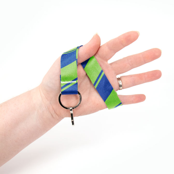 Blue Green Stripes Wristlet Lanyard - Short Length with Flat Key Ring and Clip - Made in the USA