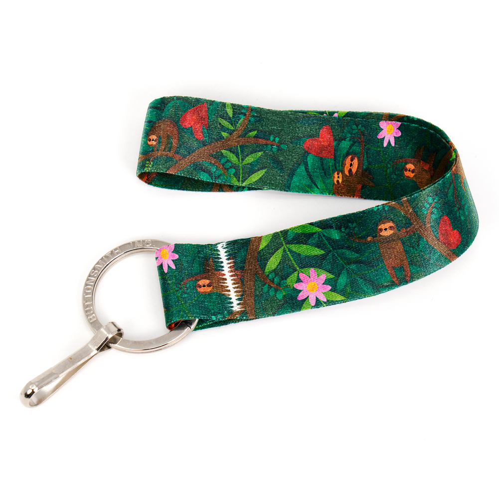 Happy Sloths Wristlet Lanyard - Short Length with Flat Key Ring and Clip - Made in the USA