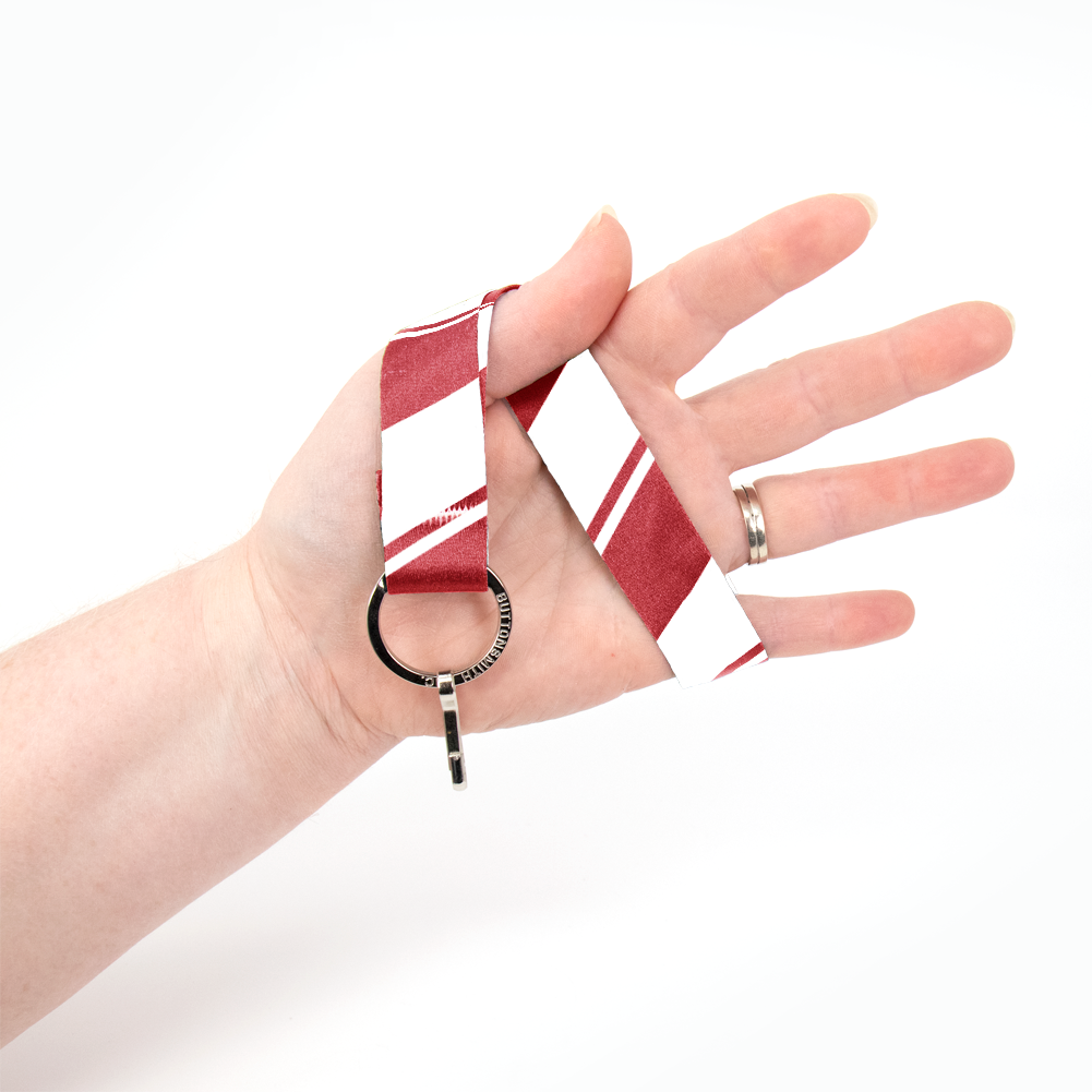 Red White Stripes Wristlet Lanyard - Short Length with Flat Key Ring and Clip - Made in the USA