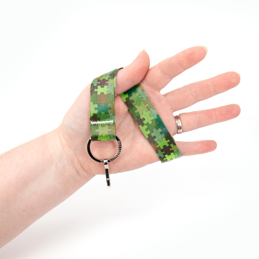 Forest Puzzle Wristlet Lanyard - Short Length with Flat Key Ring and Clip - Made in the USA