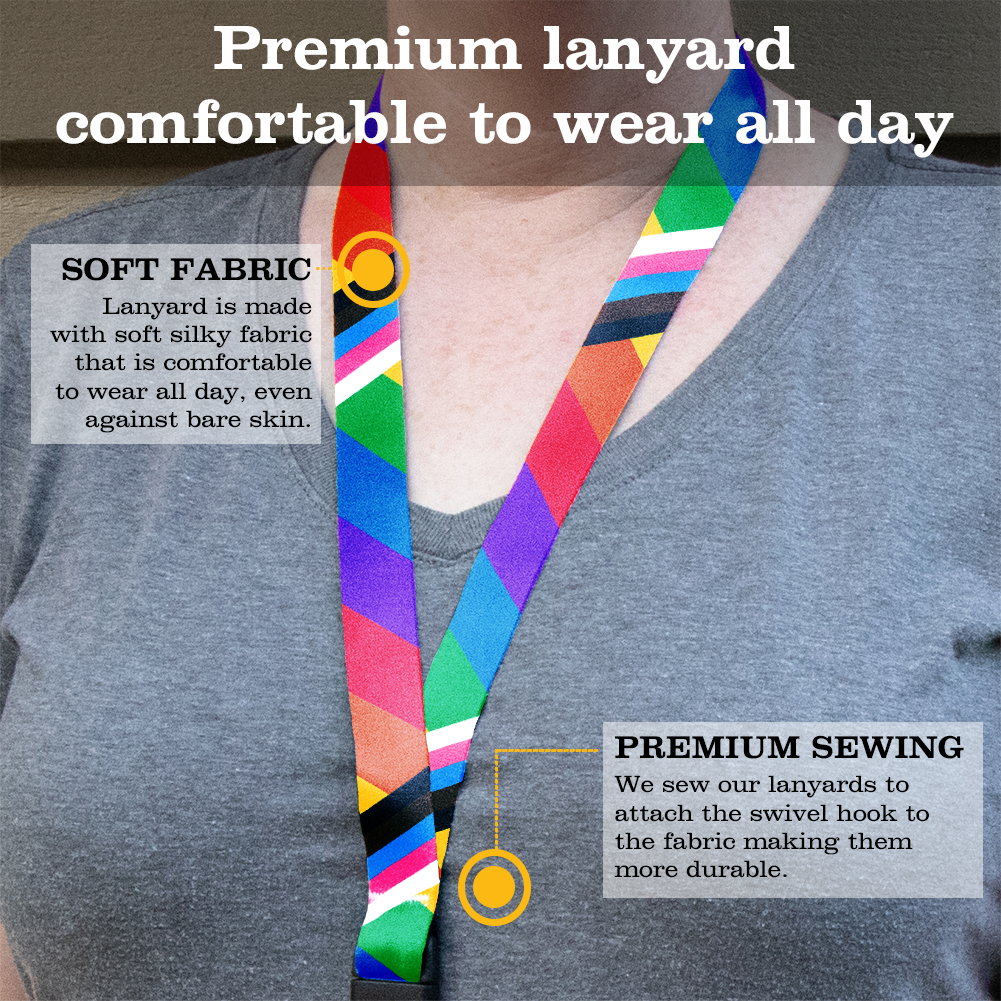 Rainbow Plus Pride Premium Lanyard - with Buckle and Flat Ring - Made in the USA