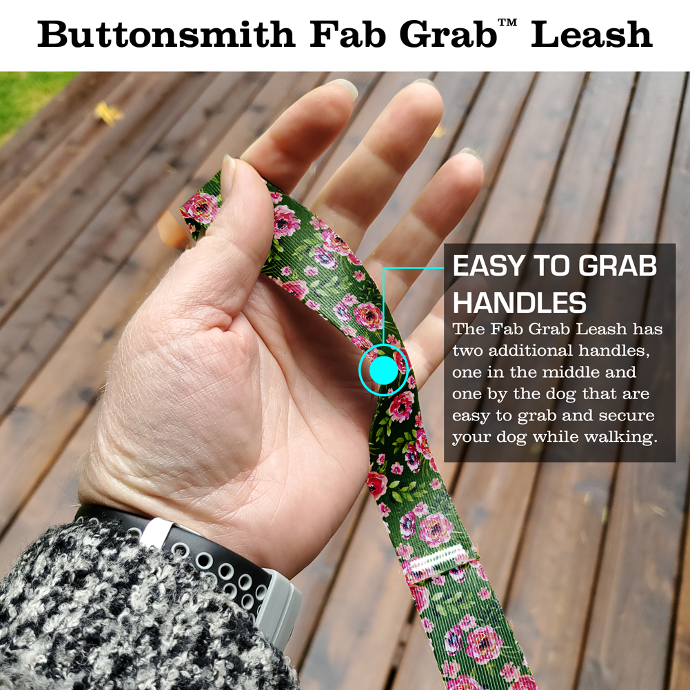 Peonies Green Fab Grab Leash - Made in USA