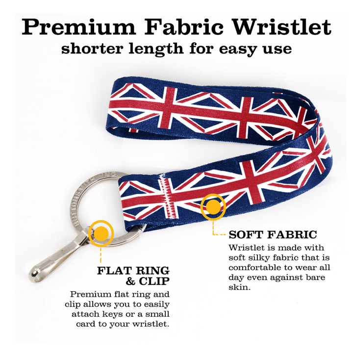 Union Jack Wristlet Lanyard - Short Length with Flat Key Ring and Clip - Made in the USA