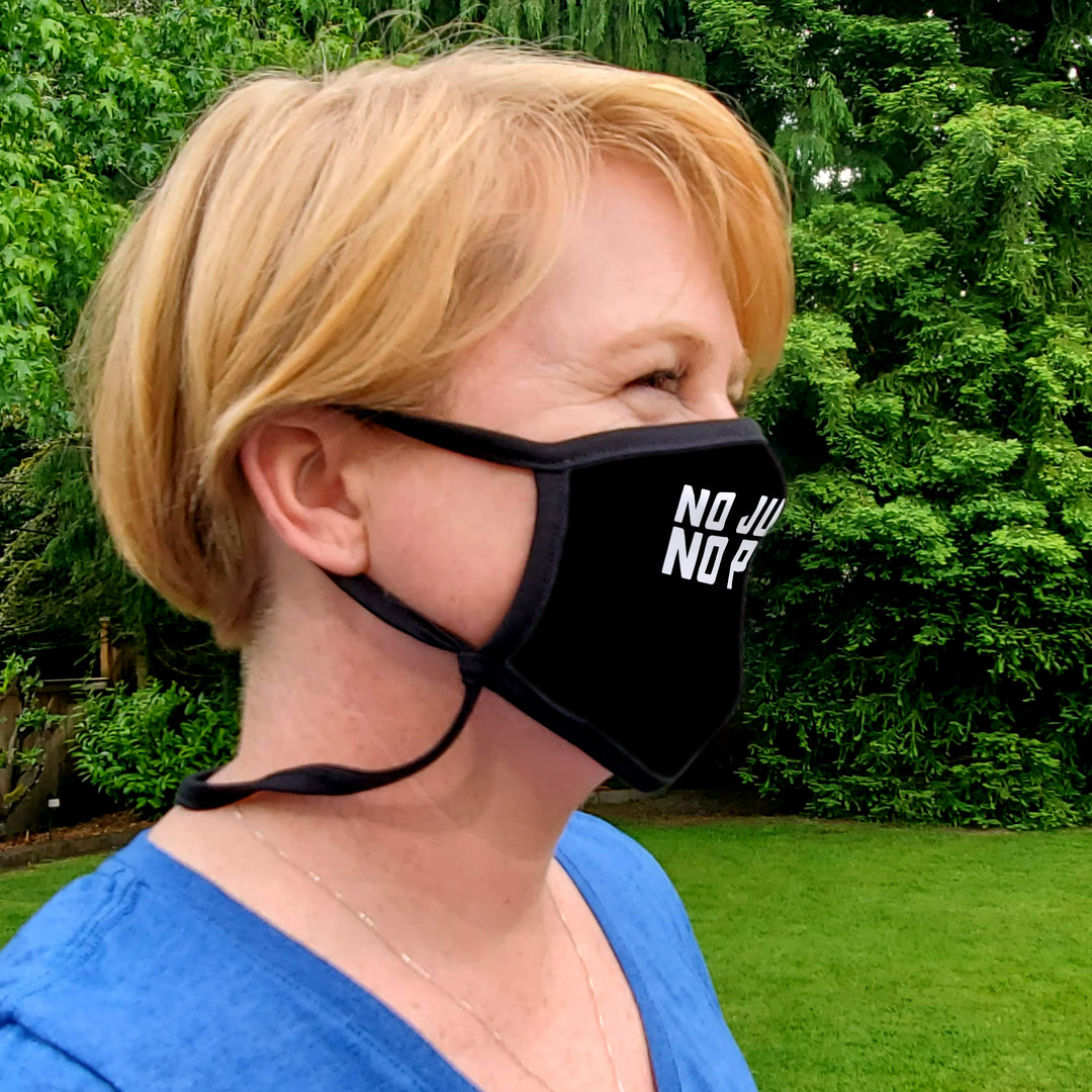 Buttonsmith No Justice No Peace Adult Adjustable Face Mask with Filter Pocket - Made in the USA - Buttonsmith Inc.