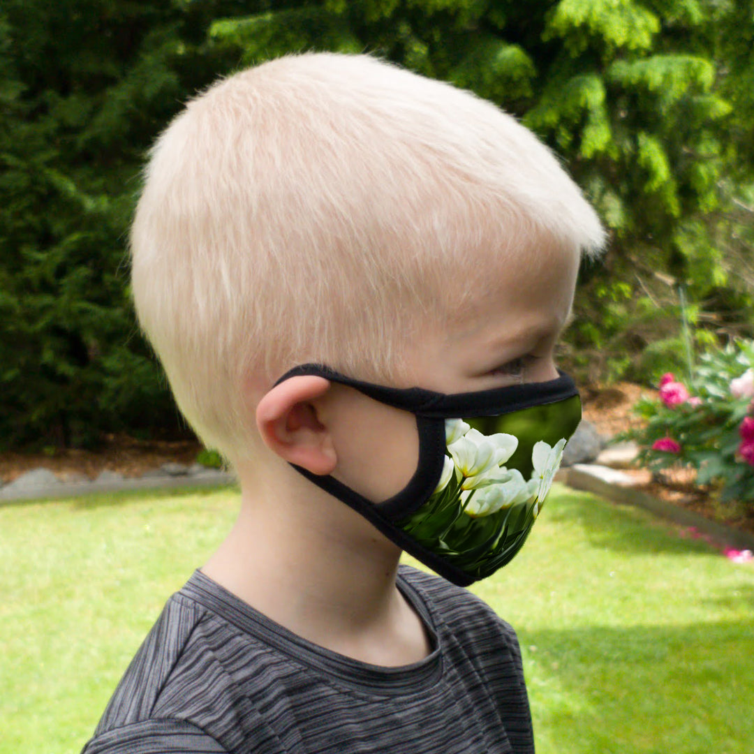 Buttonsmith White Tulips Child Face Mask with Filter Pocket - Made in the USA - Buttonsmith Inc.