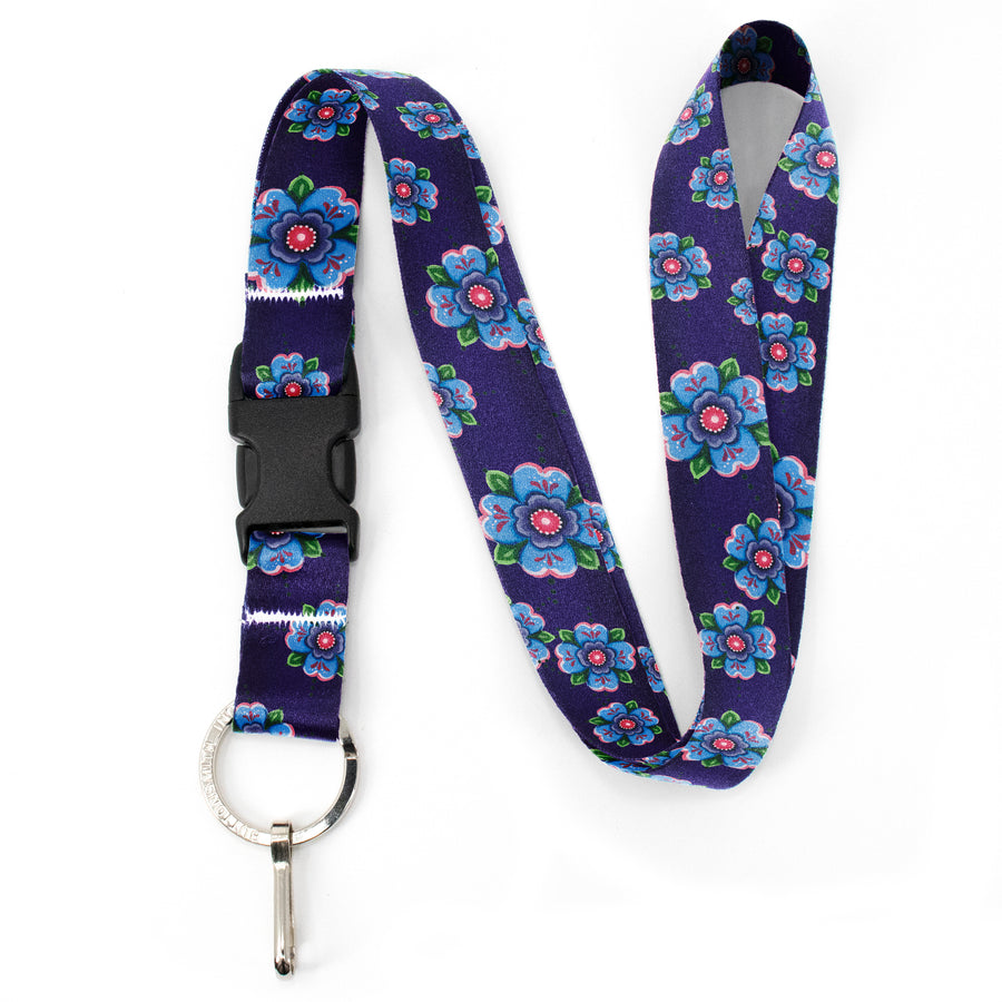 Buttonsmith Blue Rosemaling Premium Lanyard - with Buckle and Flat Ring - Based on Rebecca McGovern Art - Officially Licensed - Made in the USA - Buttonsmith Inc.