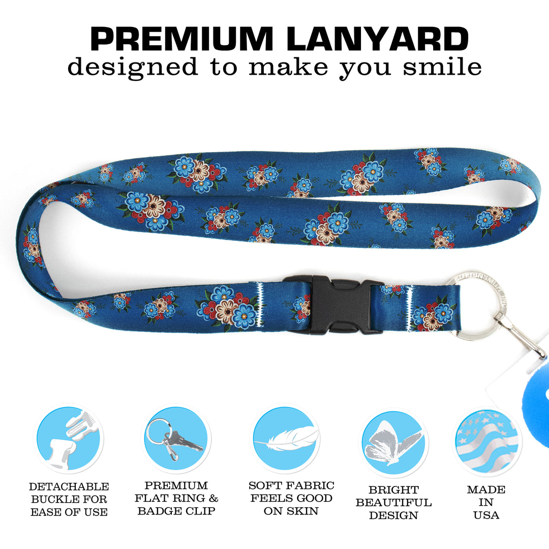 Buttonsmith Quilted Flowers Premium Lanyard - with Buckle and Flat Ring - Based on Rebecca McGovern Art - Officially Licensed - Made in the USA - Buttonsmith Inc.