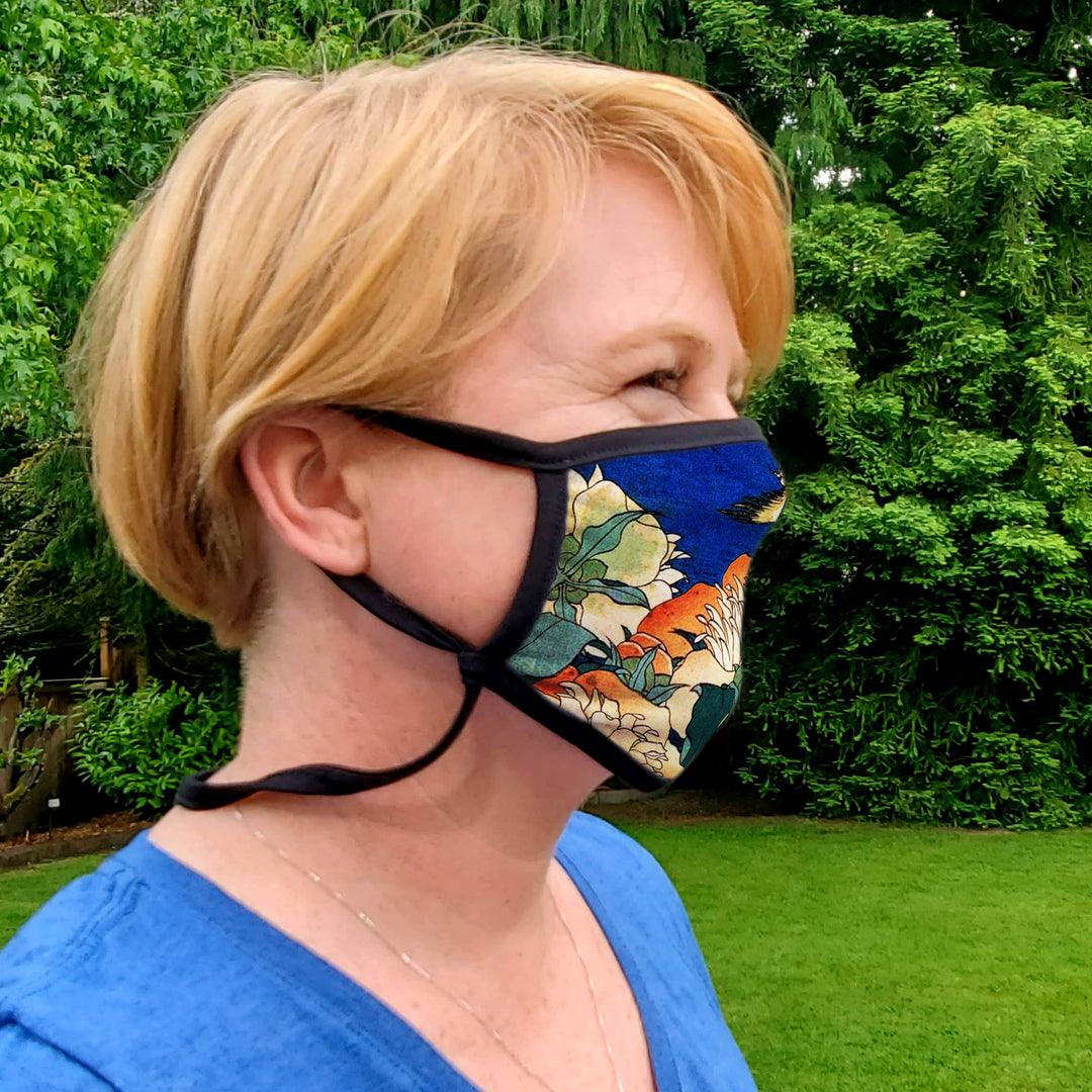 Buttonsmith Hokusai Canary & Peony Adult Adjustable Face Mask with Filter Pocket - Made in the USA - Buttonsmith Inc.