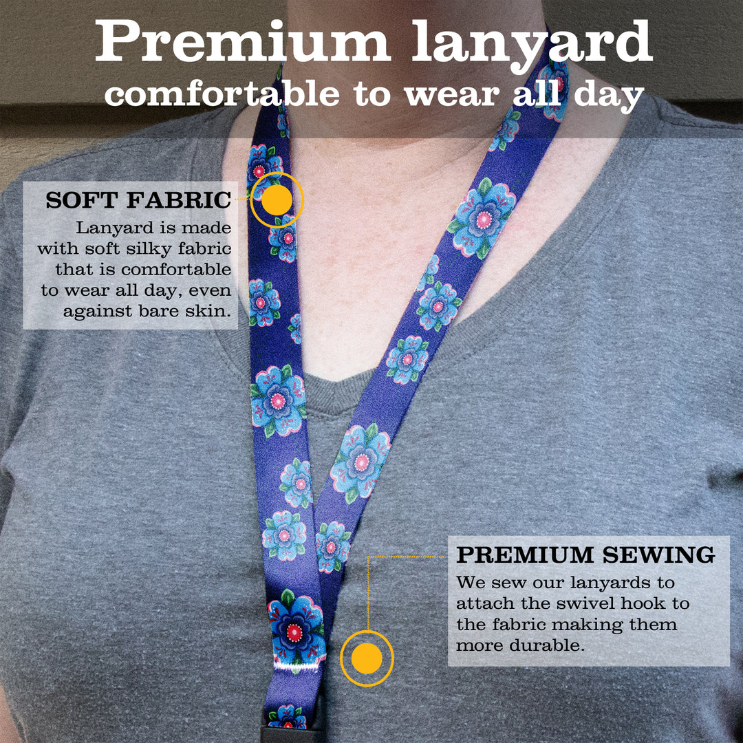 Buttonsmith Blue Rosemaling Breakaway Lanyard - with Buckle and Flat Ring - Based on Rebecca McGovern Art - Officially Licensed - Made in the USA - Buttonsmith Inc.