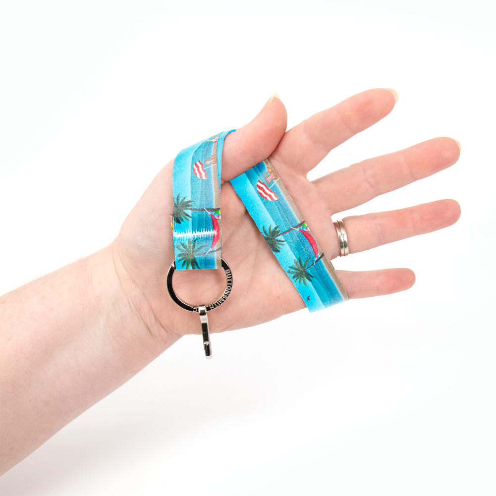 Life's A Beach Wristlet Lanyard - Short Length with Flat Key Ring and Clip - Made in the USA