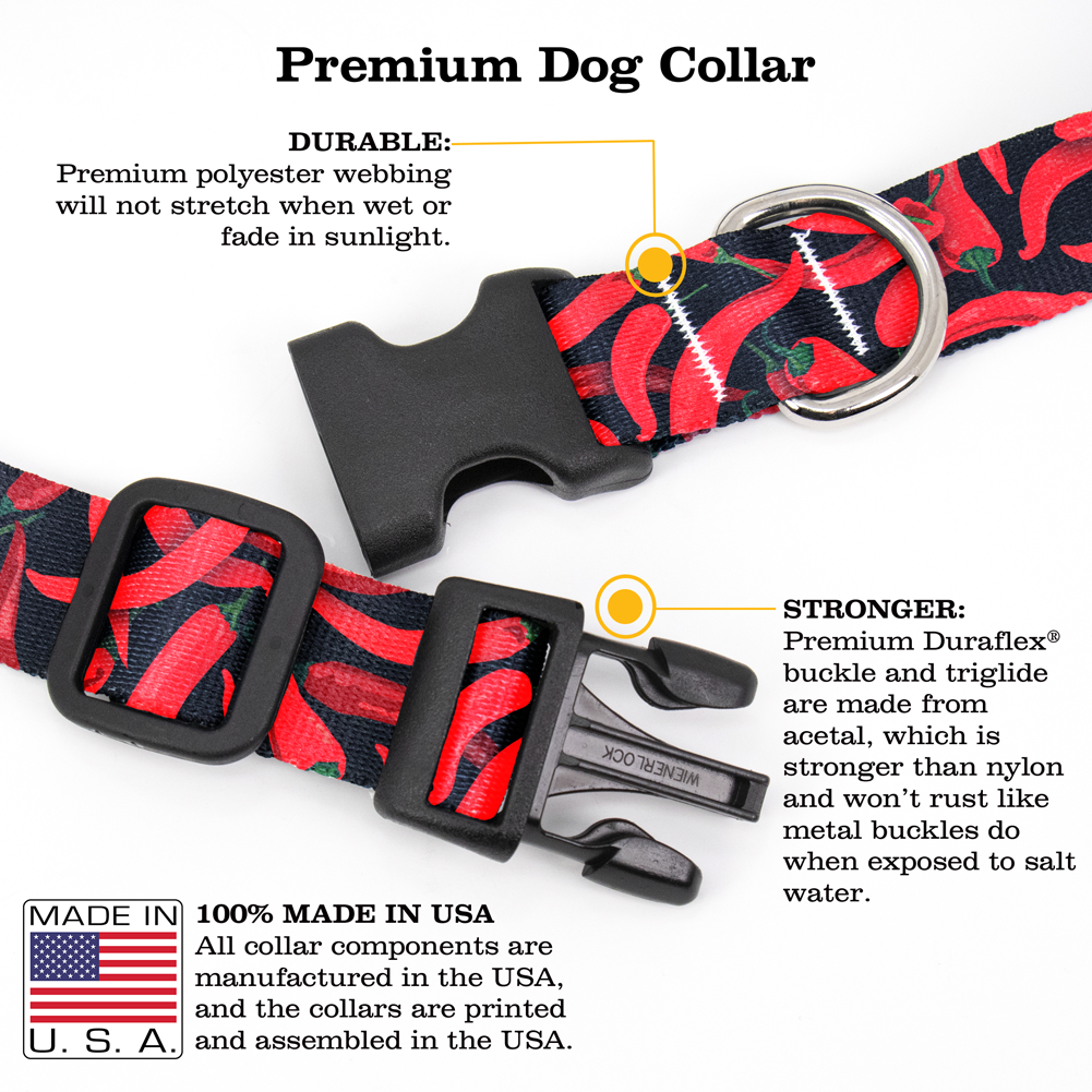 Chili Peppers Black Dog Collar - Made in USA