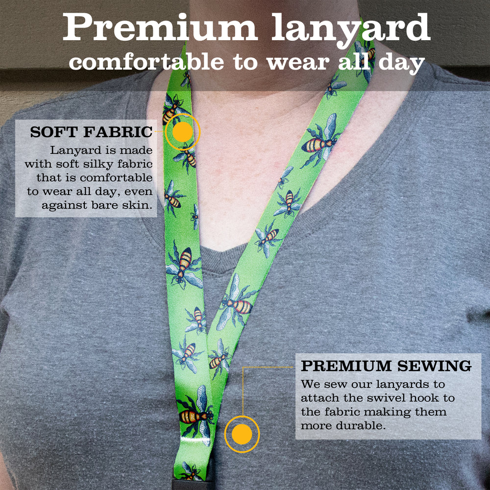 Buttonsmith Bees Premium Lanyard - with Buckle and Flat Ring - Based on Rebecca McGovern Art - Officially Licensed - Made in the USA - Buttonsmith Inc.