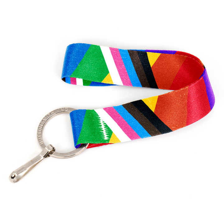 Rainbow Plus Pride Wristlet Lanyard - Short Length with Flat Key Ring and Clip - Made in the USA