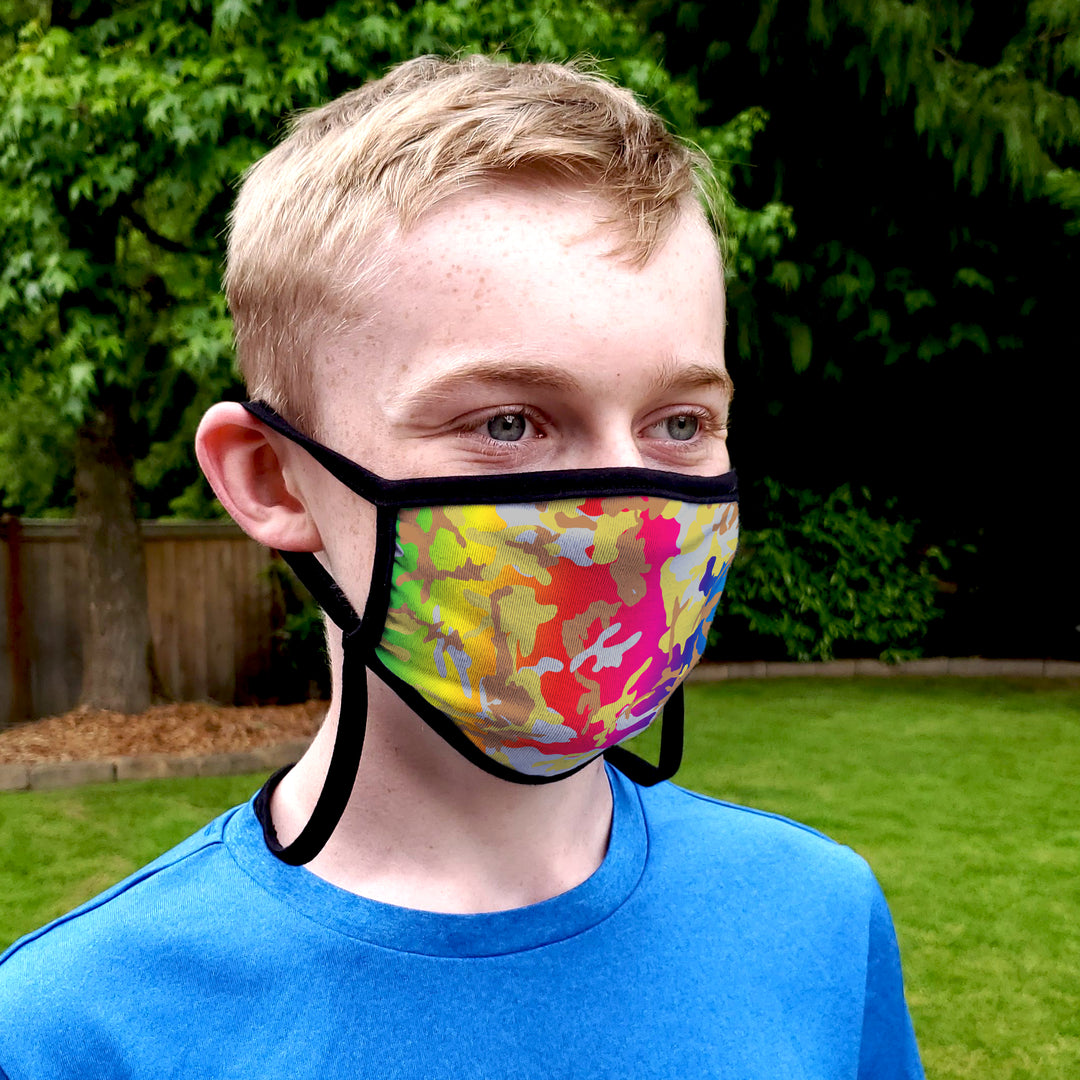 Buttonsmith Rainbow Camo Youth Adjustable Face Mask with Filter Pocket - Made in the USA - Buttonsmith Inc.