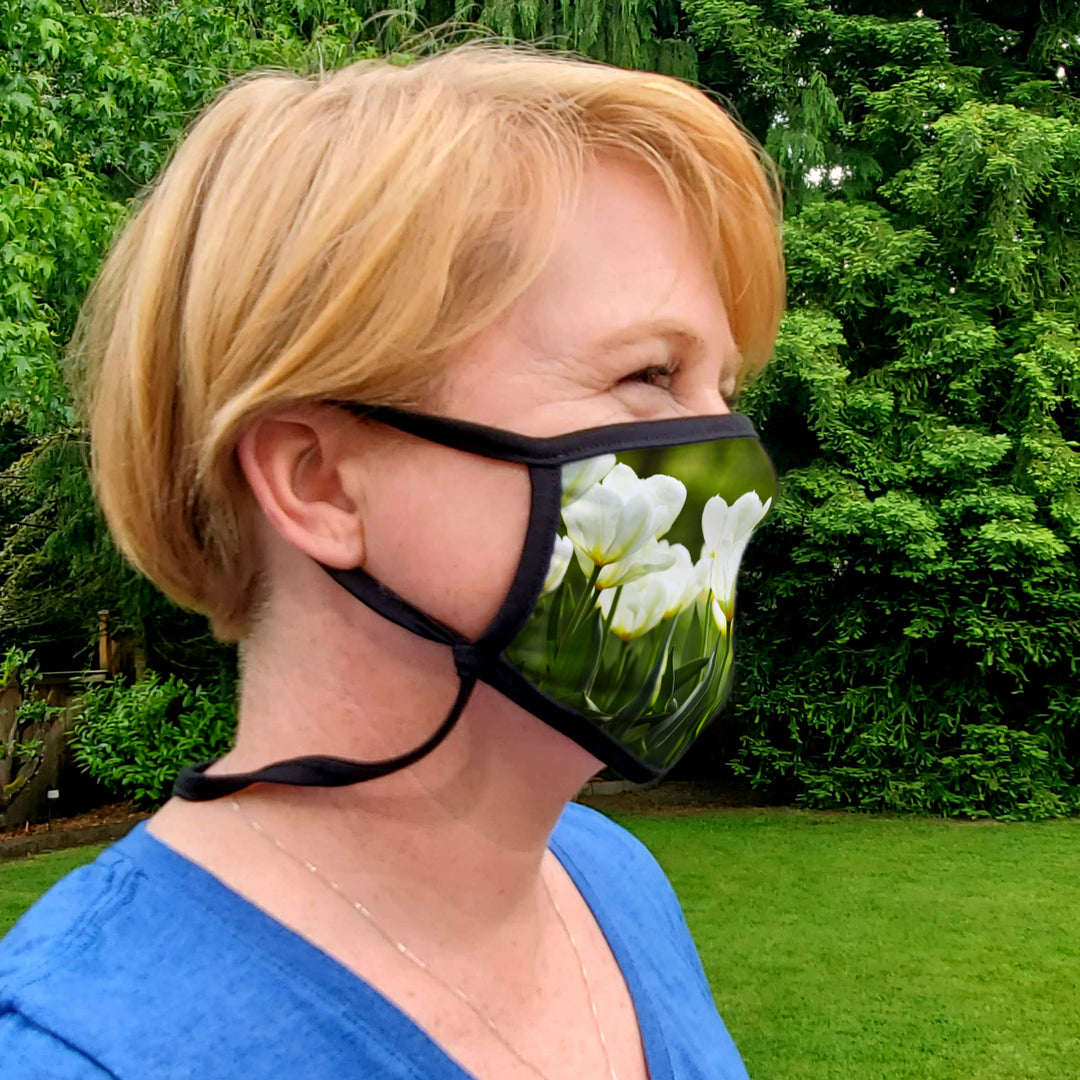 Buttonsmith White Tulips Adult XL Adjustable Face Mask with Filter Pocket - Made in the USA - Buttonsmith Inc.