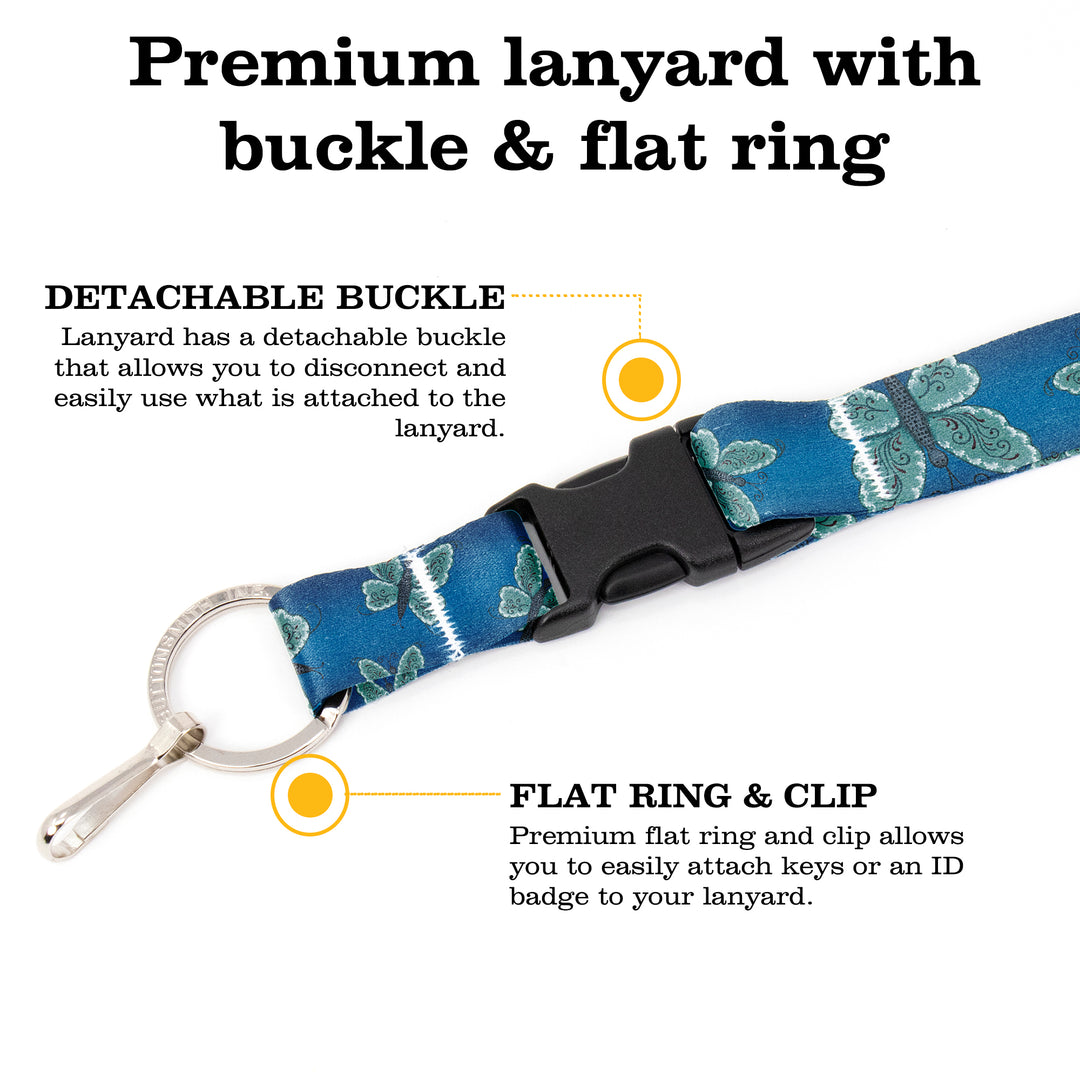 Buttonsmith Blue Butterflies Premium Lanyard - with Buckle and Flat Ring - Based on Rebecca McGovern Art - Officially Licensed - Made in the USA - Buttonsmith Inc.