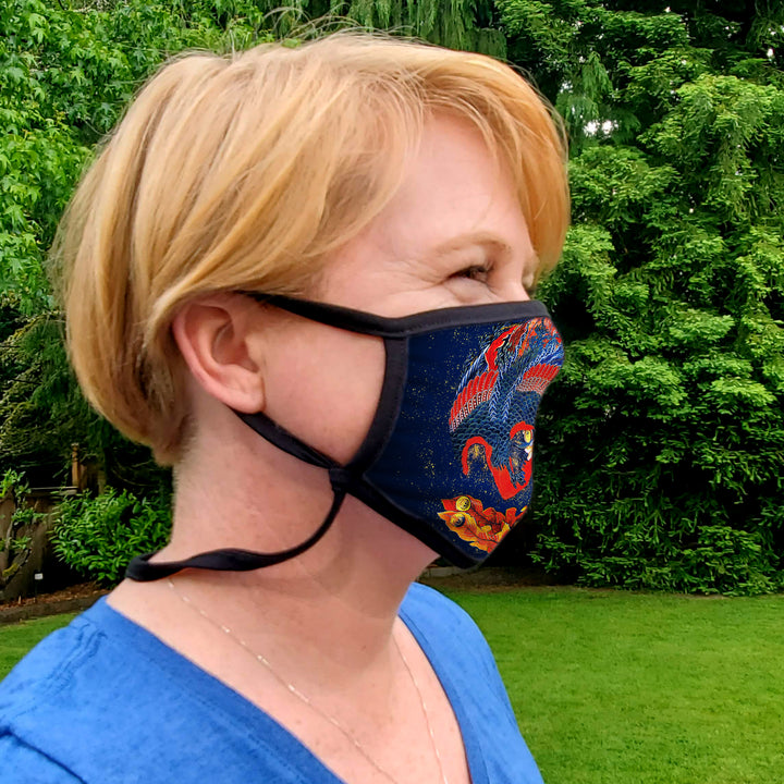 Buttonsmith Hokusai Phoenix Adult XL Adjustable Face Mask with Filter Pocket - Made in the USA - Buttonsmith Inc.