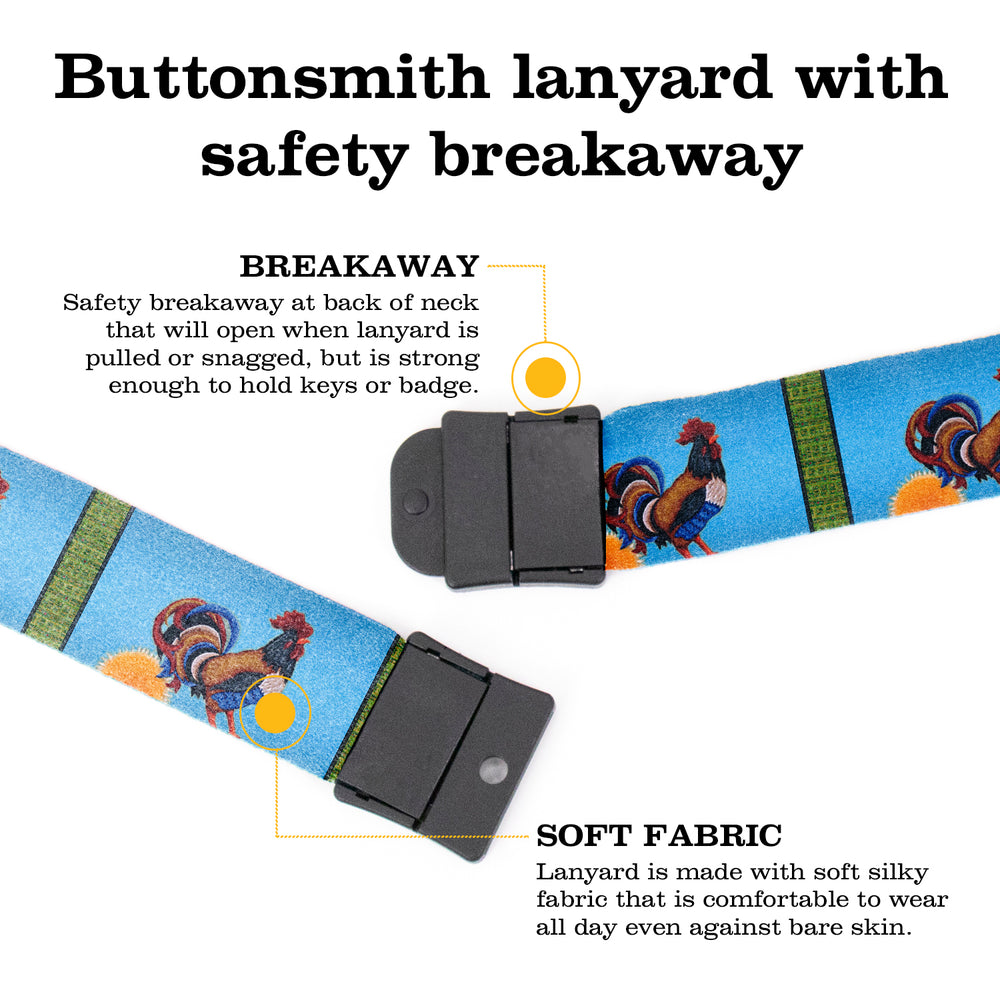 Buttonsmith Rooster Breakaway Lanyard - with Buckle and Flat Ring - Based on Rebecca McGovern Art - Officially Licensed - Made in the USA - Buttonsmith Inc.