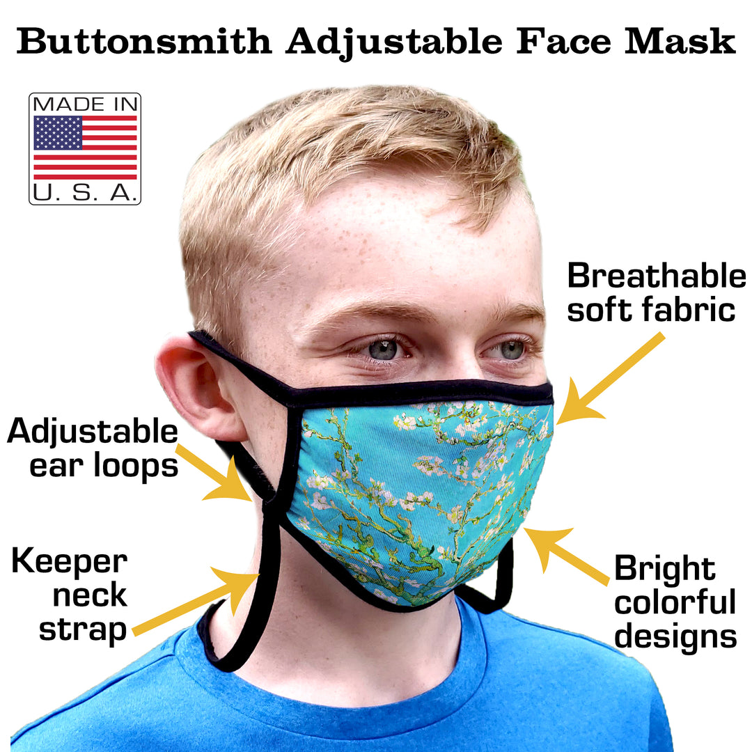 Buttonsmith Hokusai Canary & Peony Adult Adjustable Face Mask with Filter Pocket - Made in the USA - Buttonsmith Inc.