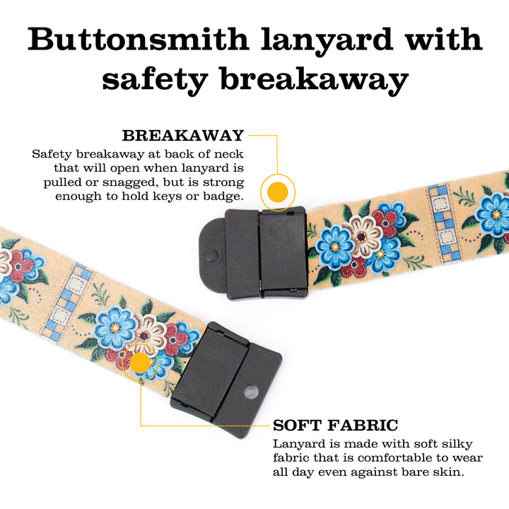 Buttonsmith Quilted Flowers Breakaway Lanyard - with Buckle and Flat Ring - Based on Rebecca McGovern Art - Officially Licensed - Made in the USA - Buttonsmith Inc.