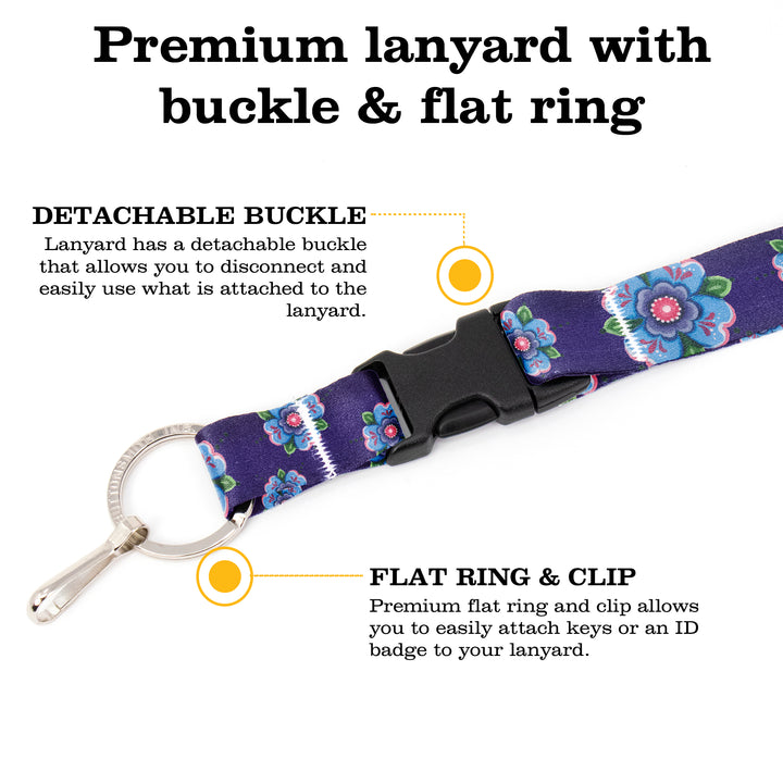 Buttonsmith Blue Rosemaling Breakaway Lanyard - with Buckle and Flat Ring - Based on Rebecca McGovern Art - Officially Licensed - Made in the USA - Buttonsmith Inc.