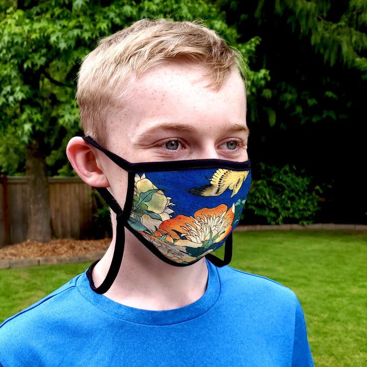 Buttonsmith Hokusai Canary & Peony Youth Adjustable Face Mask with Filter Pocket - Made in the USA - Buttonsmith Inc.