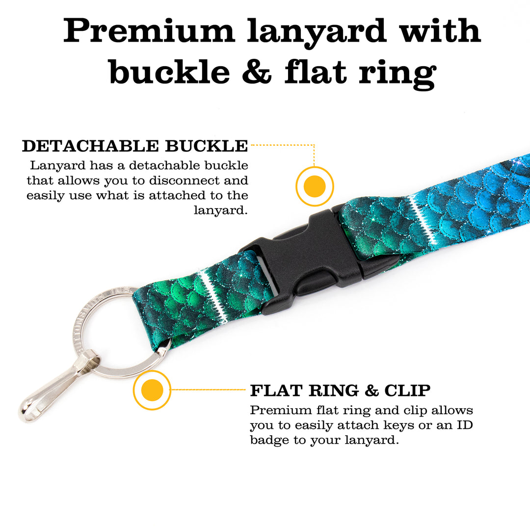 Buttonsmith Blue Mermaid Scales Premium Lanyard - with Buckle and Flat Ring - Made in the USA - Buttonsmith Inc.