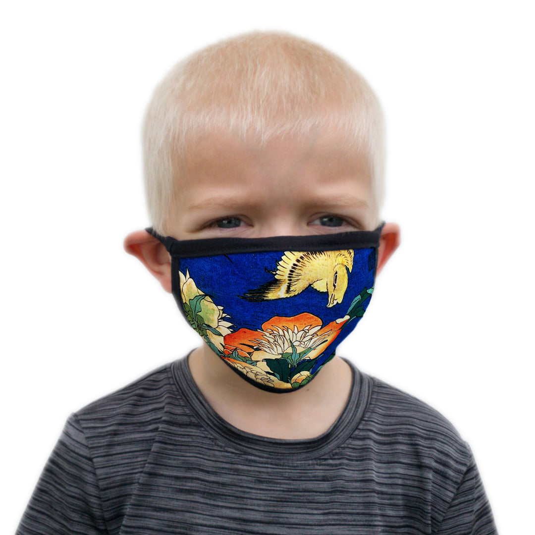 Buttonsmith Hokusai Canary & Peony Child Face Mask with Filter Pocket - Made in the USA - Buttonsmith Inc.