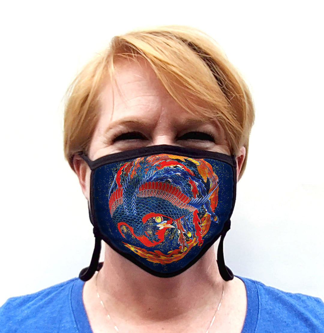 Buttonsmith Hokusai Phoenix Adult Adjustable Face Mask with Filter Pocket - Made in the USA - Buttonsmith Inc.