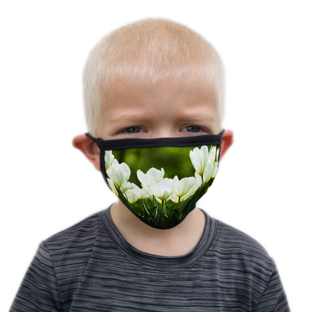 Buttonsmith White Tulips Child Face Mask with Filter Pocket - Made in the USA - Buttonsmith Inc.