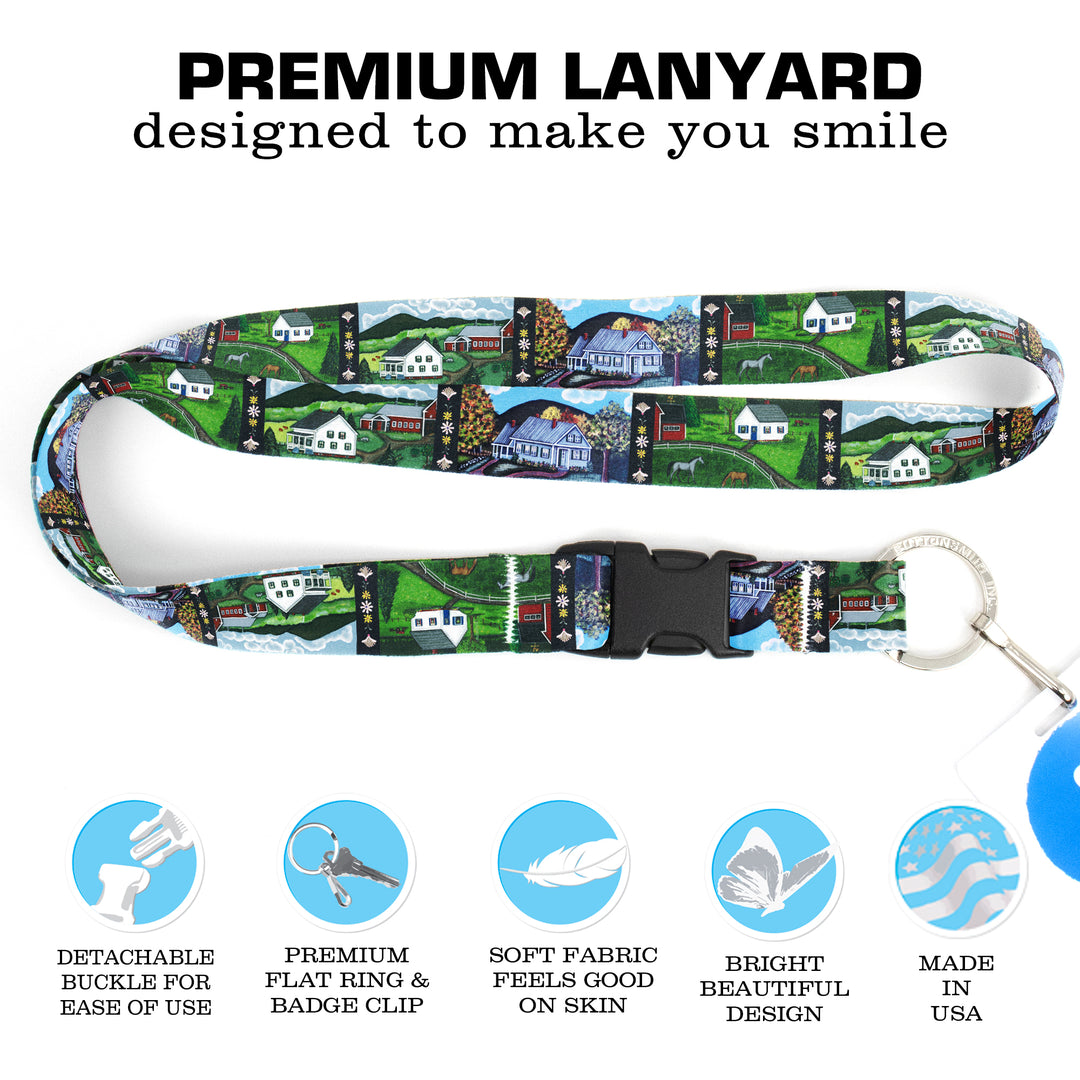 Buttonsmith Farm Houses Premium Lanyard - with Buckle and Flat Ring - Based on Rebecca McGovern Art - Officially Licensed - Made in the USA - Buttonsmith Inc.