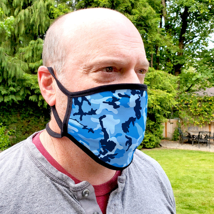 Buttonsmith Blue Camo Adult XL Adjustable Face Mask with Filter Pocket - Made in the USA - Buttonsmith Inc.